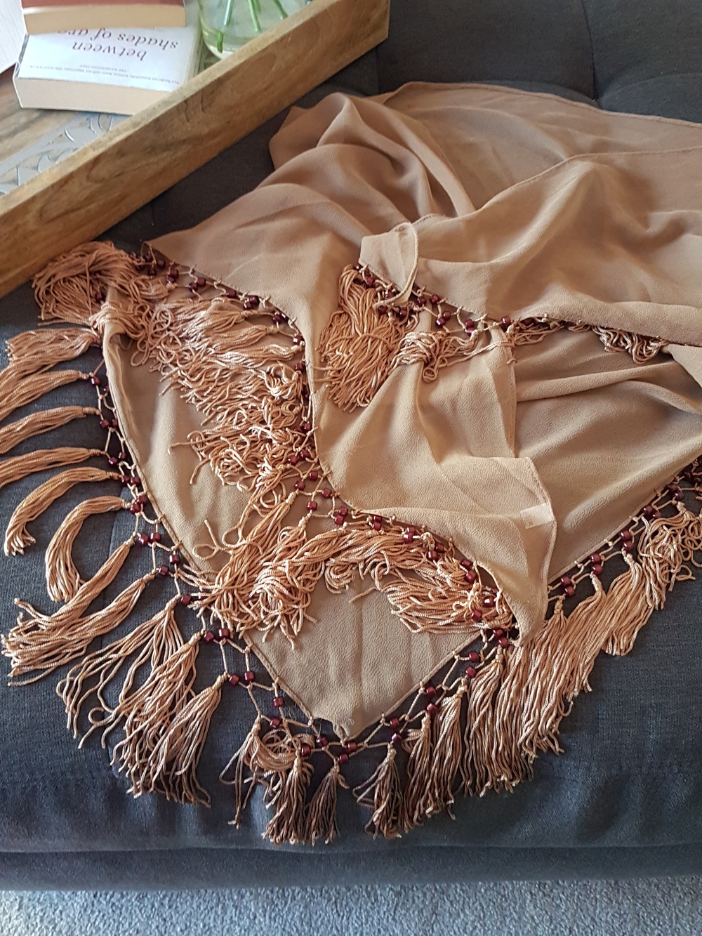 Beaded Camel Brown Fringed Shawl Scarf Pareo - Women Accessories